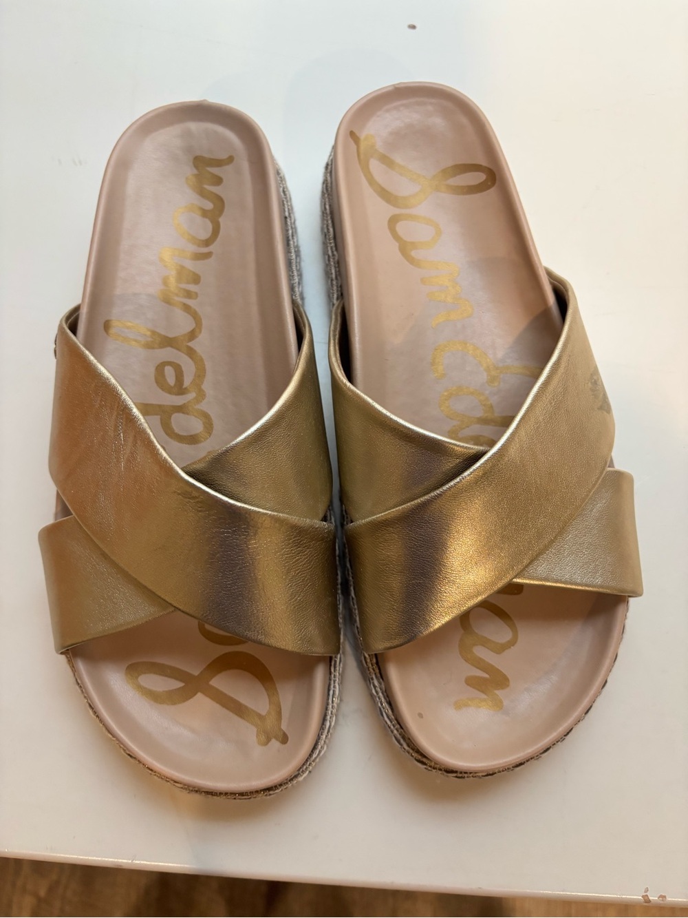 Sam Edelman Metallic Gold Crisscross Slide Mules